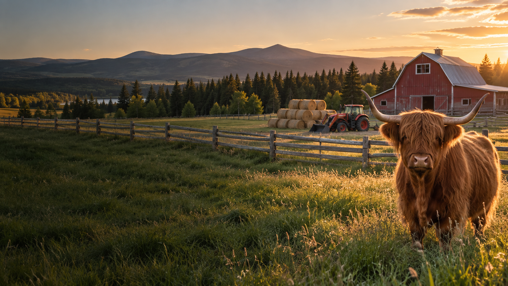 Highland cow, tractor and red barn on a Canadian farm
